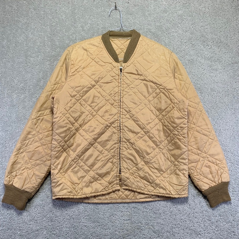 True Vintage Quilted Bomber Jacket Medium? Tan Outerwear Zip Up‎ Distressed